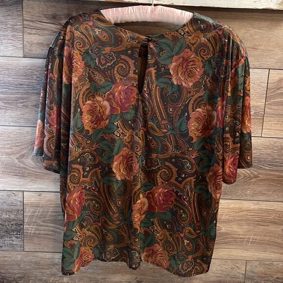 August Max Woman Blouse, Size 1X , Floral/Paisley Print, Green,Brown,Rust Colors - Picture 4 of 6
